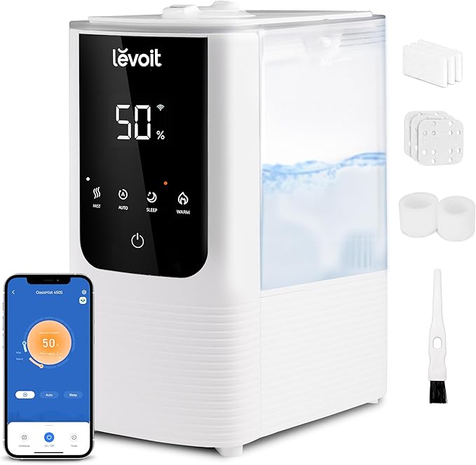 LEVOIT Humidifiers for Bedroom Home, Smart Warm and Cool Mist Air Humidifier for Large Room, Auto Customized Humidity, Fast Symptom Relief, Easy Top Fill, Essential Oil, Quiet, OasisMist4.5L, White by Levoit