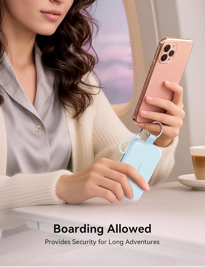 RORRY Portable Charger, 10000mAh PD 30W Fast Charging Portable Charger Power Bank with Built-in Cables, Travel Keychain Charger Battery Pack for iPhone 17/16/15/14/13/12, for AirPods 2/3/4/Pro, Blue - Image 7