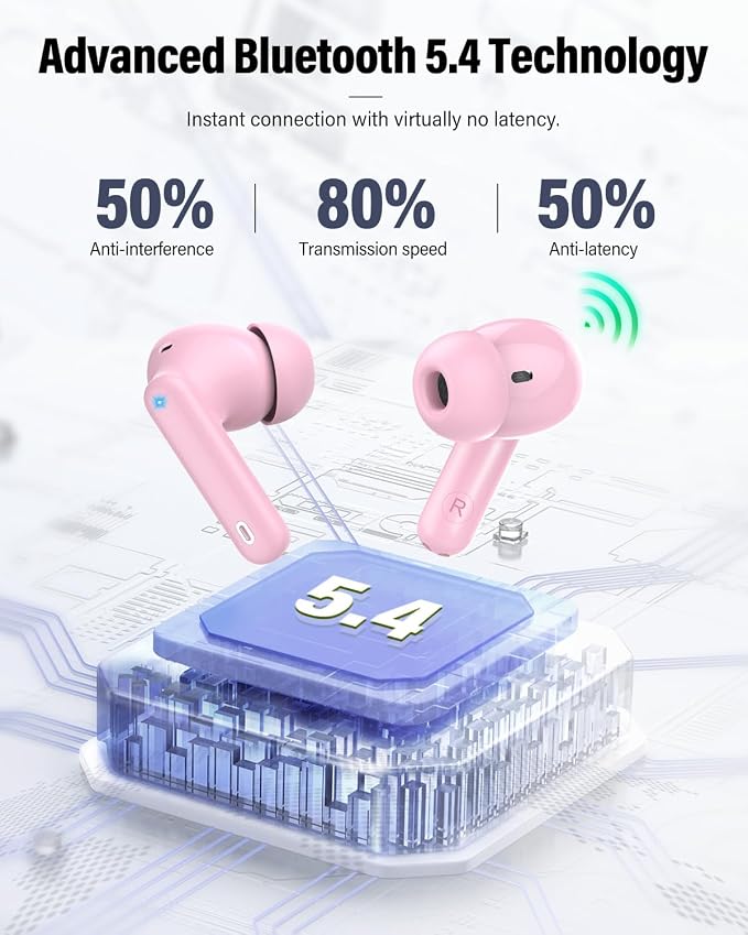 Wireless Earbuds, Bluetooth 5.4 Headphones Bass Stereo/Clear Calls, Pink | Ear Buds with Noise Cancelling Mic LED Display in Ear Earphones IP7 Waterproof 36H Bluetooth Earbuds for Phones/Sport/Laptop - Image 4