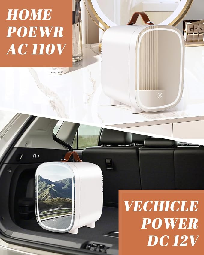 Mini Fridge for Bedroom, 4 Liter/6 Can Skincare Fridge With LED Mirror & Leather Carrying Handle,12v AC/DC Cooler & Warmer Portable Small Refrigerator for Drinks, Makeup, Dorm, Office and Car(White) - Image 6