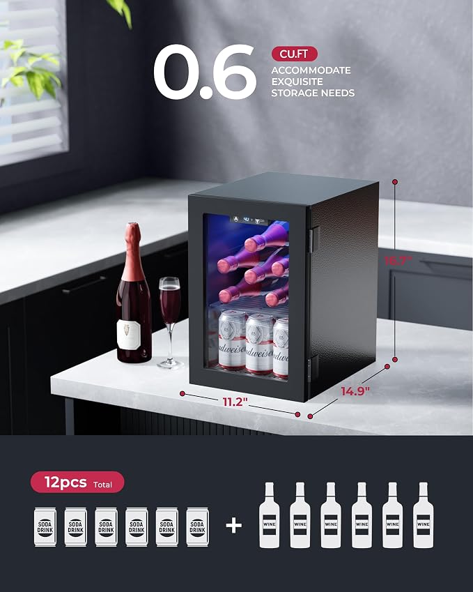 6 Bottles and 6 Cans Compact Beverage Refrigerator, Freestanding Mini Fridge with Temperature Control for Beer Wine, Under Counter Small Refrigerator Adjustable Shelve for Home and Bar - Image 4