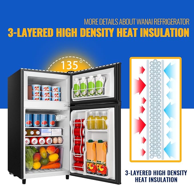 3.5 Cu.Ft Black Mini Fridge With Freezer Compact Refrigerator Dorm | Freestanding Fridge with 7 Level Adjustable Thermostat, Removable Shelves, Fast Cooling, Low Consumption - Image 4