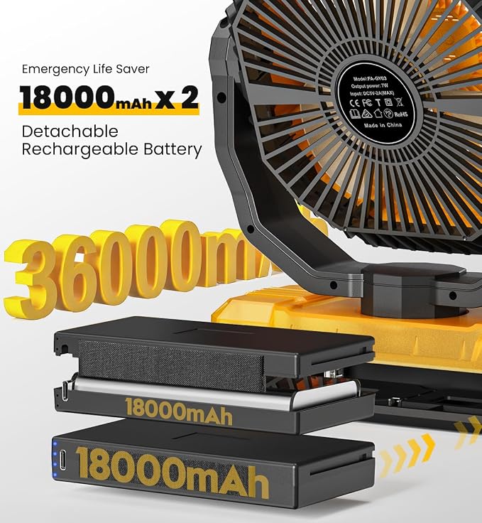 Korbot 36000mAh Portable Camping Fan - 120HRS Rechargeable Fan with Detachable Battery with LED & Remote - 4 Speeds Battery Powered for Tent,Travel, Office, Jobsite - Image 2