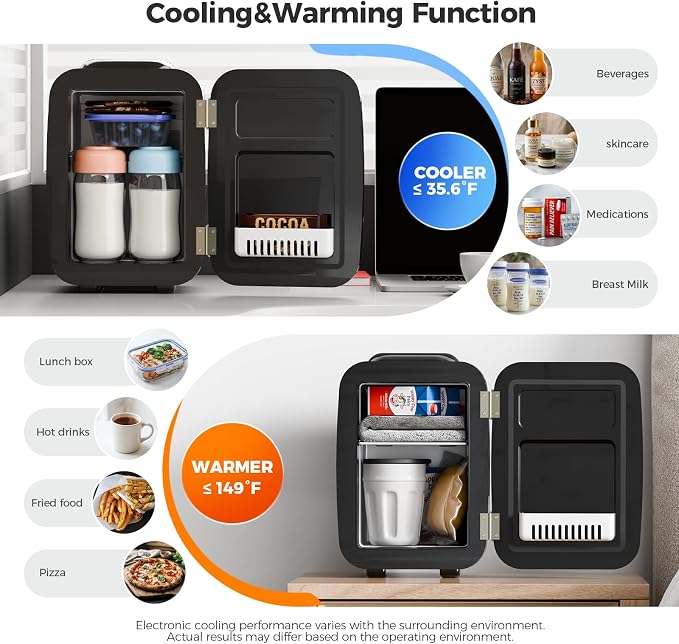 Mini Fridge for Bedroom - 4 Liter/6 Can Mini Makeup Fridge, 110V AC/ 12V DC Portable Thermoelectric Cooler&Warmer for Skincare, Drink, Cosmetic, Medicine, Small fridge for Bedroom, Office, Dorm, Car - Image 2