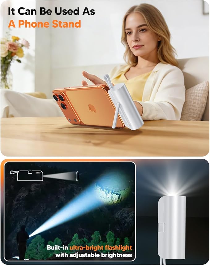 5000mAh Mini Portable Charger with Built-in Type C Connector & Cables,5V 2.4A USB-C Small Power Bank,2 Output Flashlight External Battery Pack Compatible with iPhone 17-12 Pro Galaxy,iPad (White) - Image 6