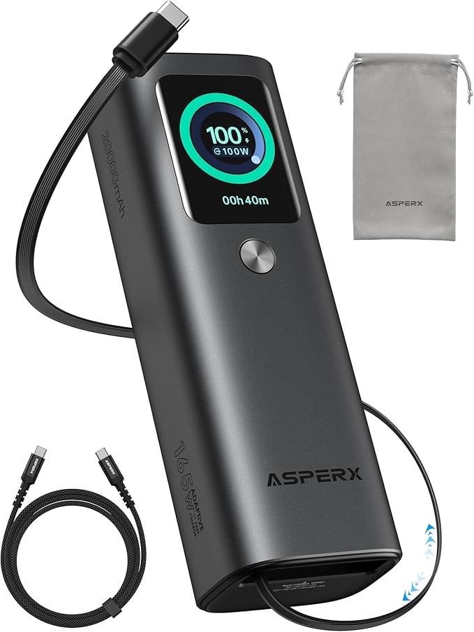 AsperX Laptop Power Bank, 165W 20,000mAh, Retractable Cables, Aluminum Alloy Unibody Portable Charger Power Bank, Battery Bank for MacBook Pro/Air/iPhone 17/iPad Pro/S25 Ultra/Dell/HP(TSA-Approved) by AsperX