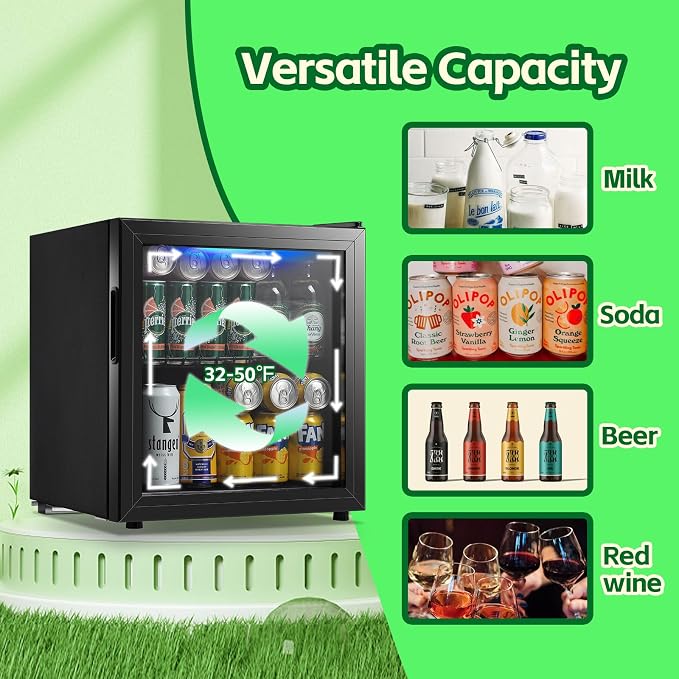 Beverage Refrigerator Cooler 1.6 Cu.Ft 60 Can Mini Small Fridge Black | Large Capacity with Glass Door, LED Light & Adjustable Shelves for Soda Beer Wine, Perfect for Home Bar Office - Image 4