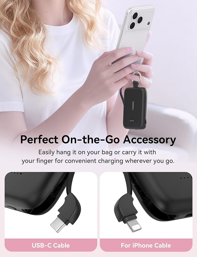 RORRY Portable Charger, 10000mAh PD 30W Fast Charging Portable Charger Power Bank with Built-in Cables, Travel Keychain Charger Battery Pack for iPhone 17/16/15/14/13/12, for AirPods 2/3/4/Pro, Black - Image 2