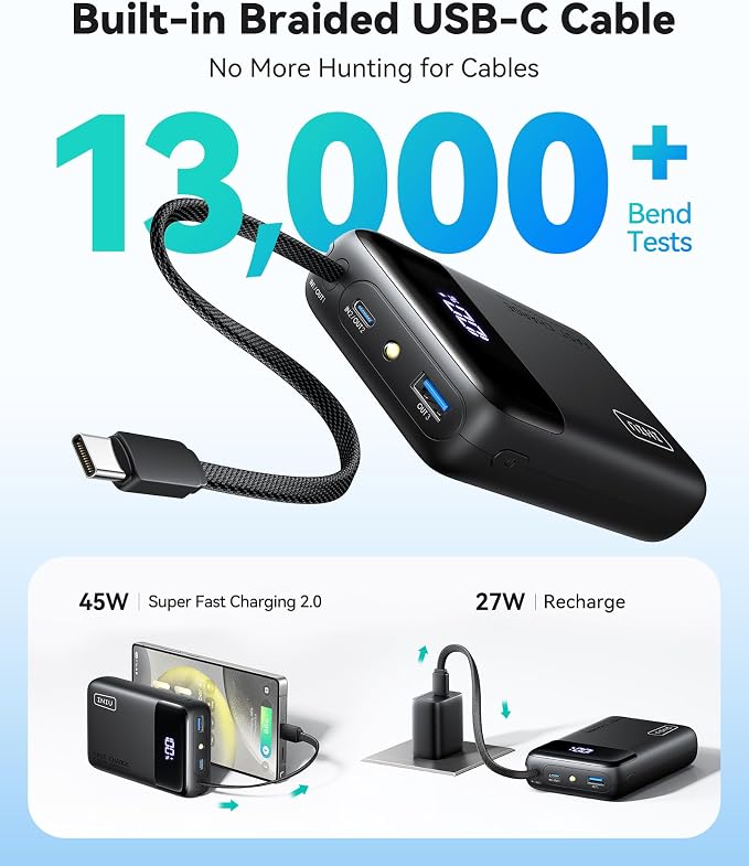 INIU 20000mAh Power Bank, Small Portable Charger, 45W PD Fast Charging Battery Pack with Build in USB-C Cable, Travel Phone Charger for iPhone 17 16 15 14 Air Samsung S25 S24 Google iPad Xiaomi, Black - Image 5