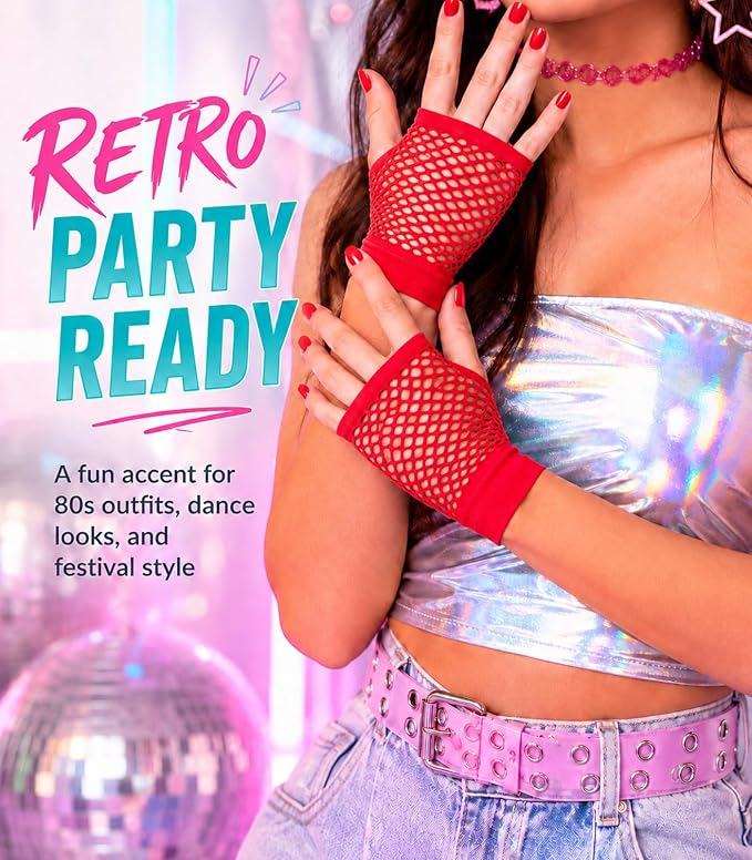 Seeksmile Women's Girls 80's Theme Party Emo Fingerless Arm Fishnet Gloves - Image 4