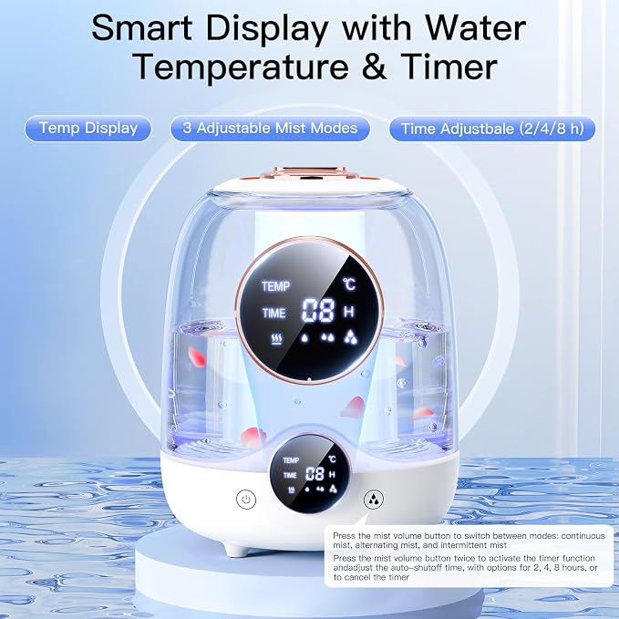 Humidifiers for Bedroom, 3L Tank for 30H 20dB Quiet Mist Time, Dual Nozzles, LED Lights, Smart Timer (2/4/8 Hours), Auto Shut-Off, Perfect for Baby and Large Rooms (White) - Image 3