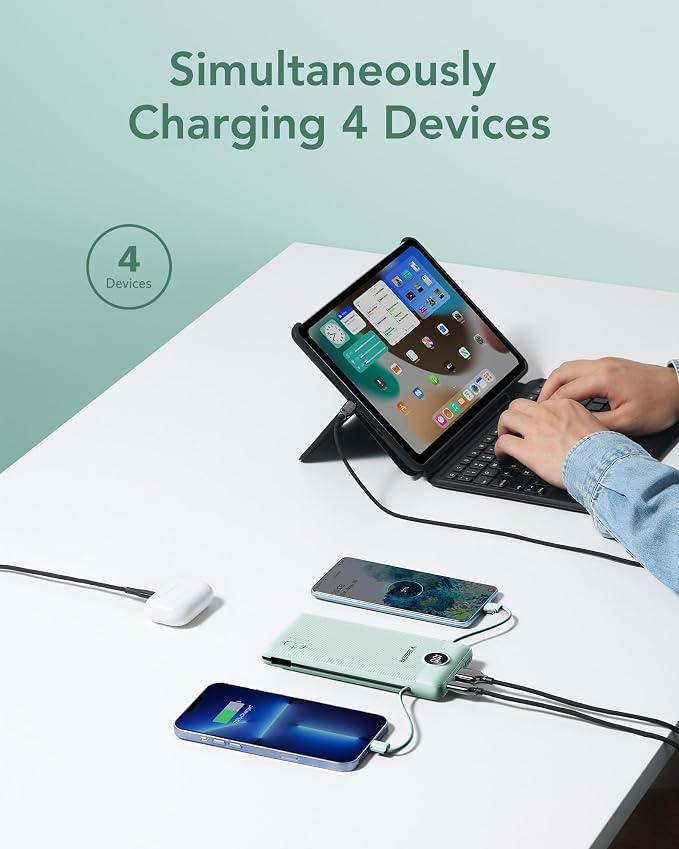 VEGER Portable Charger with Built-in AC Plug and Cables, All in One 10000mAh Ultra Slim Power Bank Travel Essentials, Fast Charging Battery Pack Compatible with iPhone, Samsung, Android (Green) - Image 4