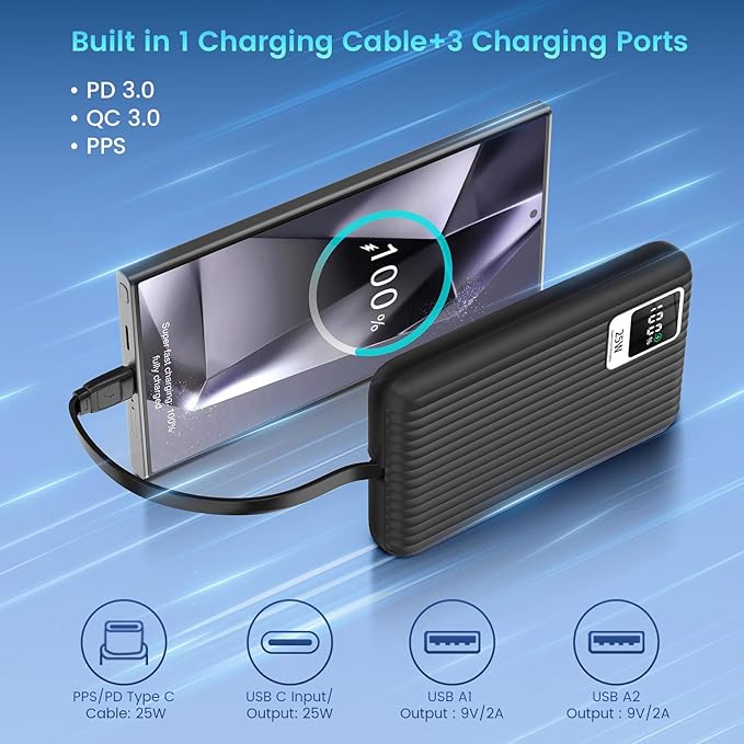 25W Super Fast Charging Portable Charger Power Bank with Built in Cable, 10000mAh Slim USB C Power Bank for Samsung Galaxy S26 Ultra/S26/S26+/S25 Ultra/S25/S24 Ultra/S24/S23 Ultra/S22 Ultra/Note 20 - Image 2