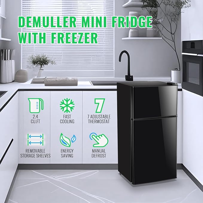 45L Mini Fridge with Freezer & Double Door Small Size Tiny Refrigerator with 7 Temperature Control Knob Only Suitable for One Person Use Black - Image 6