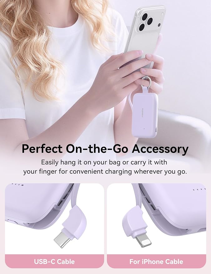 RORRY Portable Charger, 10000mAh PD 30W Fast Charging Portable Charger Power Bank with Built-in Cables, Travel Keychain Charger Battery Pack for iPhone 17/16/15/14/13/12, for AirPods 2/3/4/Pro, Purple - Image 2