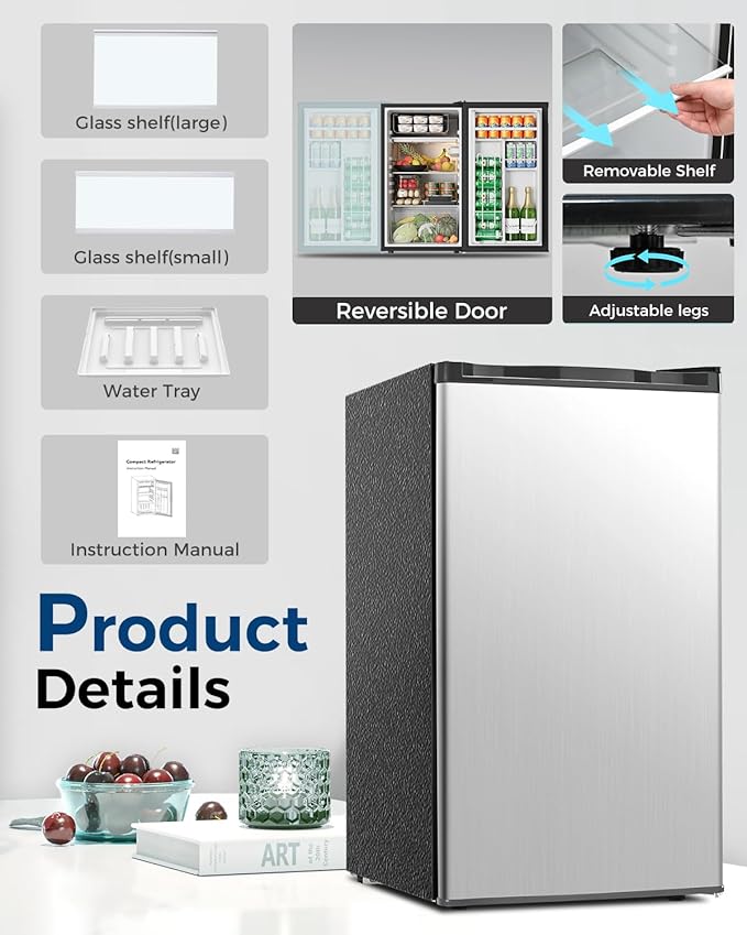 Feelfunn Mini Fridge with Freezer - 3.2 Cu.Ft Single Door Mini Refrigerator with Adjustable Thermostat, Energy Saving, Low Noise, Small Fridge for Bedroom, Office, Dorm, Apartment, Classroom - Silver - Image 5