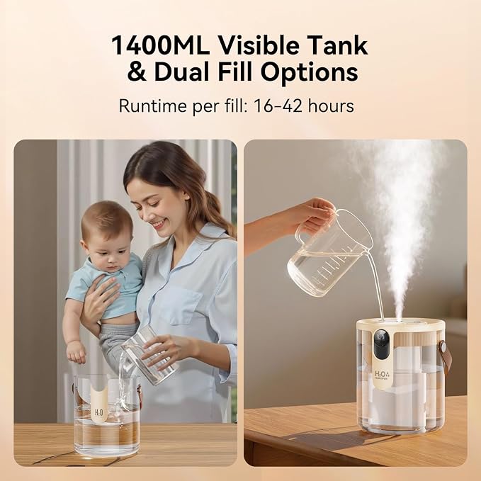 Rechargeable Portable Top Fill Humidifier, Smart Humidifiers for Bedroom, Night Light, 1.4L Cool Mist Humidifier for Office Home Plant Baby, 3-Speed Mist Control, Quiet, Auto Shut-Off (Beige) - Image 8