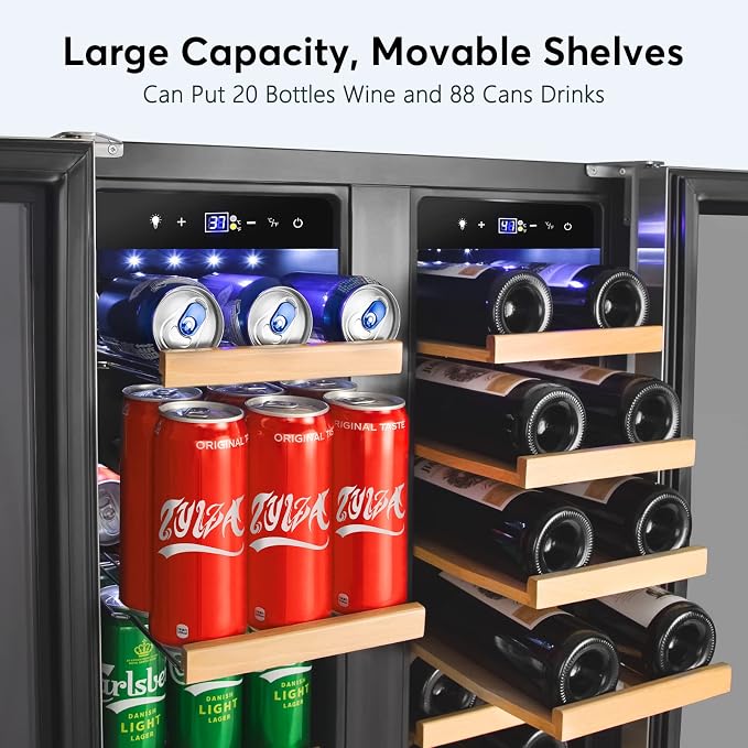 24" Dual Zone Wine and Beverage Cooler Quiet Compressor | Dual zone, quiet <38dB, fast cool, smart touch, temp memory, built-in/free, 20 wine+88 cans - Image 6