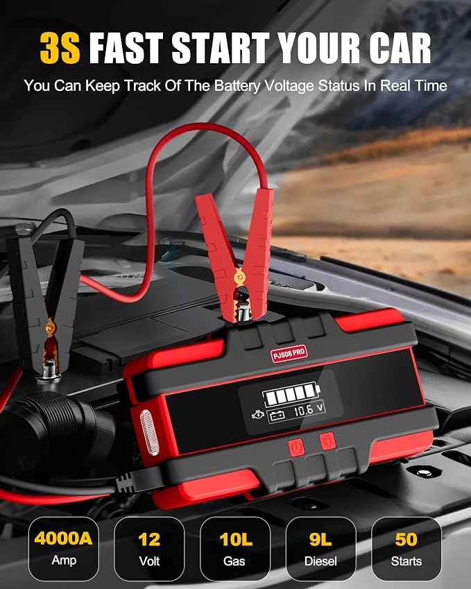 PJS06 Pro 4000A Car Jump Starter - Portable Power Bank with 40W Fast Charge, 10L Gas/9L Diesel Engine Starter, 3S Quick Start, Voltage Detector, LED Light, 10 Protections - Image 2