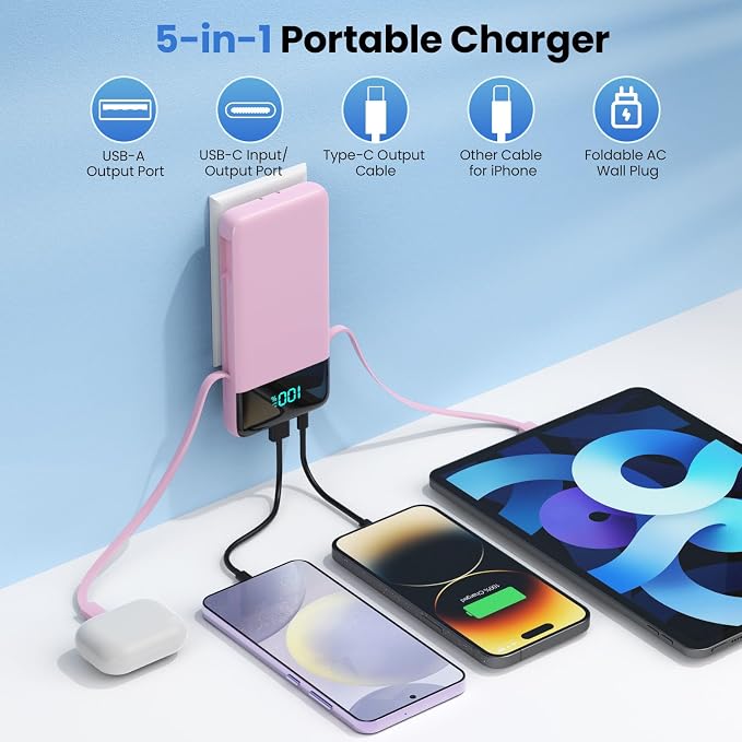 Portable Charger for iPhone with Built in Cables and Wall Plug,Upgraded 13800mAh Fast Charging USB C Power Bank,4 Outputs Travel Essential Battery Pack Compatible with iPhone 17/16/15/14,Samsung-Pink - Image 2