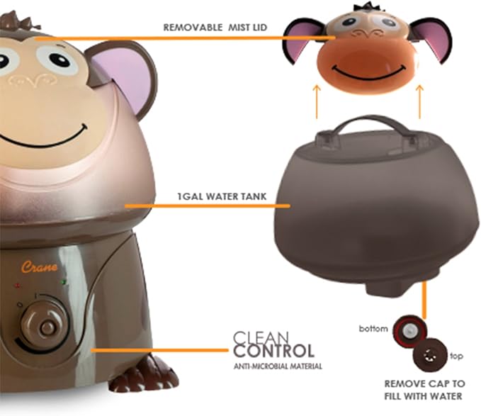 Crane Adorables Ultrasonic Humidifiers for Bedroom and Baby Nursery, 1 Gallon Cool Mist Air Humidifier for Large Room or Kid's Room, Humidifier Filters Optional, Monkey - Image 7