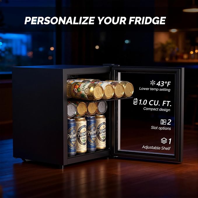 ROVSUN 46 Cans/1.0 Cu.Ft. Beverage Refrigerator Cooler, Countertop Small Fridge with Double Layer Glass Door & Adjustable Shelf for Bedroom Home, Quiet Mini Fridge for Soda Wine Beer, 43-64°F, Black - Image 6