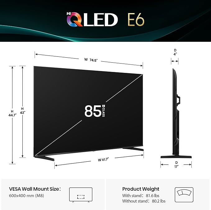 Hisense 85" E6 Cinema Series Hi-QLED 4K UHD Smart Fire TV (85E6QF) - AI Light Sensor, Dolby Vision · Atmos, Voice Remote with Alexa, Motion Rate 120, HDR 10+ Adaptive, Game Mode Plus - Image 3