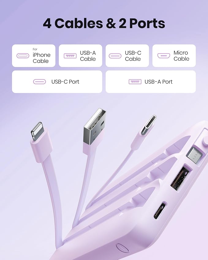 Portable Charger with Built-in Cable, 10000mAh Slim USB C Power Bank, External Battery Pack 5 Outputs 2 Inputs LED Display Compatible with iPhone/Android & More (Lavender) - Image 2