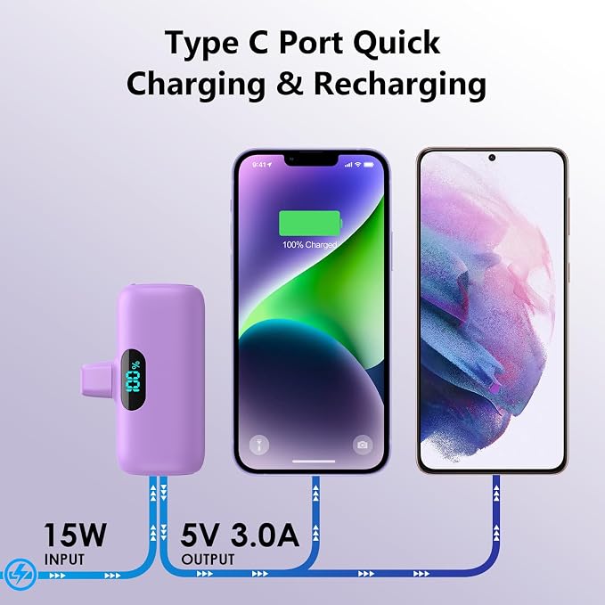 Mini Portable Charger for iPhone,Upgraded 5000mAh PD Fast Charging Battery Pack,LCD Display Cute Power Bank Portable Phone Charger for iPhone 14/14 Pro Max/13/13 Pro/12 Pro/11/XS/XR/X/8/7/6-Purple - Image 6