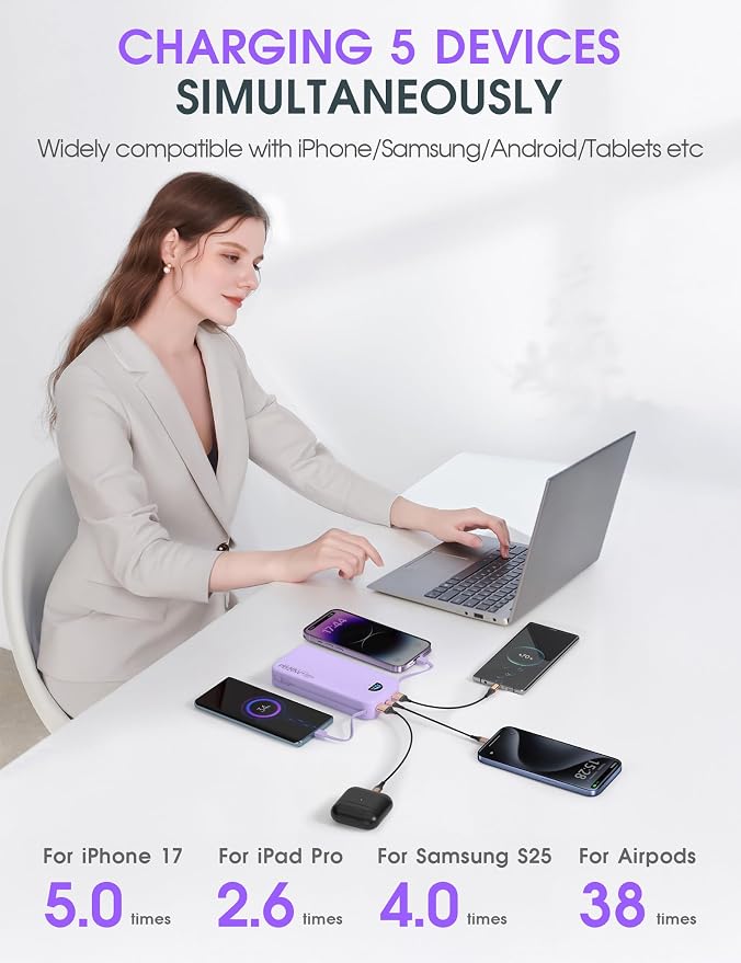 citicr Portable Charger Power Bank, 20000mAh PD20W USB C Fast Charging with Built-in Cables & Wall Plug, External Battery Pack with LED Display, Travel Essentials for iPhone, iPad, Samsung Purple - Image 5