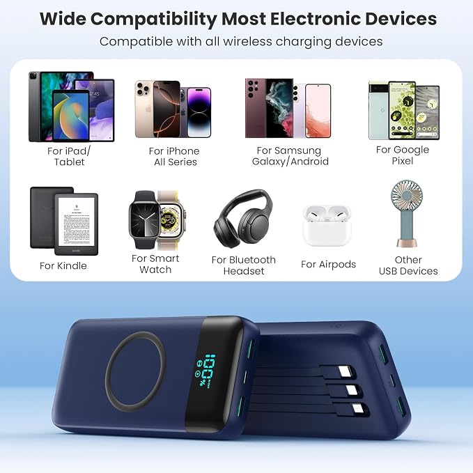 YHO Wireless Portable Charger 40800mAh for iPhone with Built-in Cables,15W Wireless Charging USB C Power Bank,25W PD Fast Charging Travel Essential Battery Pack for iPhone 17/16/15/14-Dark Blue - Image 7