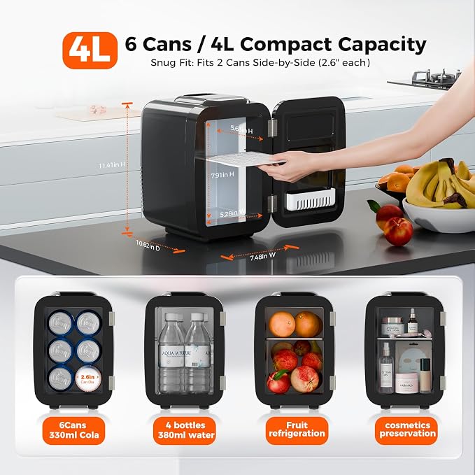 Mini Fridge for Bedroom - 4 Liter/6 Can Mini Makeup Fridge, 110V AC/ 12V DC Portable Thermoelectric Cooler&Warmer for Skincare, Drink, Cosmetic, Medicine, Small fridge for Bedroom, Office, Dorm, Car - Image 5