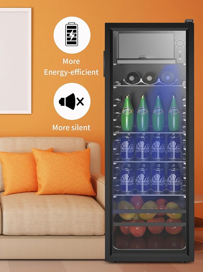 Beverage Refrigerator Cooler 180 Can Freestanding Beverage Cooler with Adjustable Shelving Glass Door for Beer Soda or Wine for Home Office or Bar - Image 9