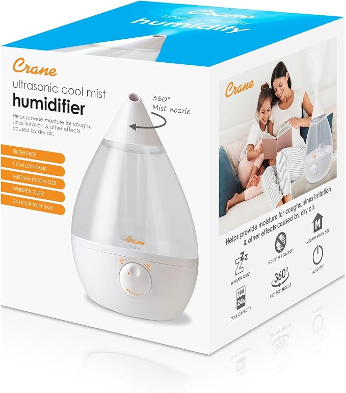 Crane White Teardrop Ultrasonic Cool Mist Humidifier, 1 Gallon Auto Shut-Off for Large Room, Baby Nursery, Bedroom Office, Clear & White - Image 8