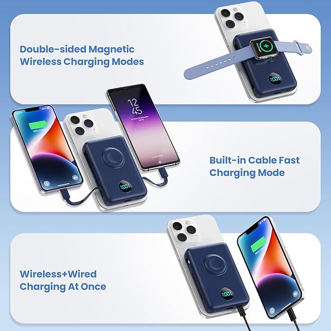 Magnetic Portable Charger for MagSafe with Built-in Cable,iWatch Charger,10800mAh Wireless Power Bank Travel Essentials,25W PD Fast Charging Battery Pack for iPhone 17/16/15/14/13/12,Apple Watch-Navy - Image 4