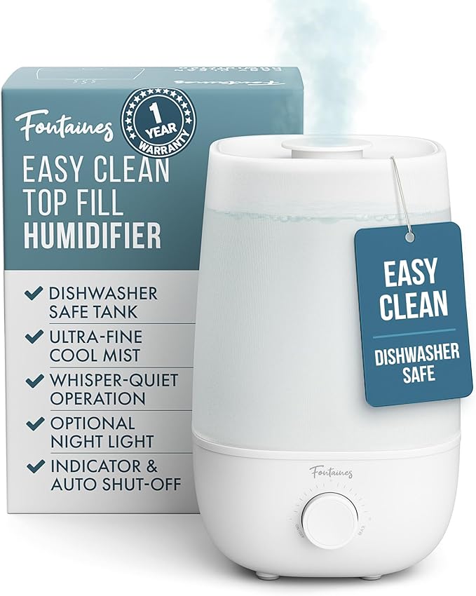 Fontaines Luxury Top-Fill Cool Mist Humidifier - 360° Ultra-Fine Spray, Whisper-Quiet Operation, Dishwasher-Safe Tank, Nightlight & Auto Shut-Off, Easy to Clean for Home, Bedroom, Baby Nursery by Fontaines