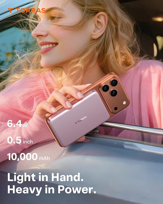 TORRAS MiniMag Power Bank,Ultra-Slim 10,000mAh Magnetic Wireless Portable Charger, 22.5W Fast Charging iPhone Air Magnetic Battery Pack Designed for iPhone 17 Pro Max/17 Pro/Air/16/15/14/13/12, Pink - Image 4