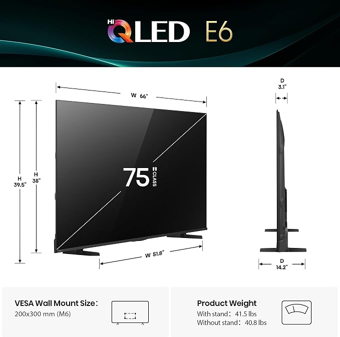 Hisense 75" E6 Cinema Series Hi-QLED 4K UHD Smart Fire TV (75E6QF) - AI Light Sensor, Dolby Vision · Atmos, Voice Remote with Alexa, Motion Rate 120, HDR 10+ Adaptive, Game Mode Plus - Image 3