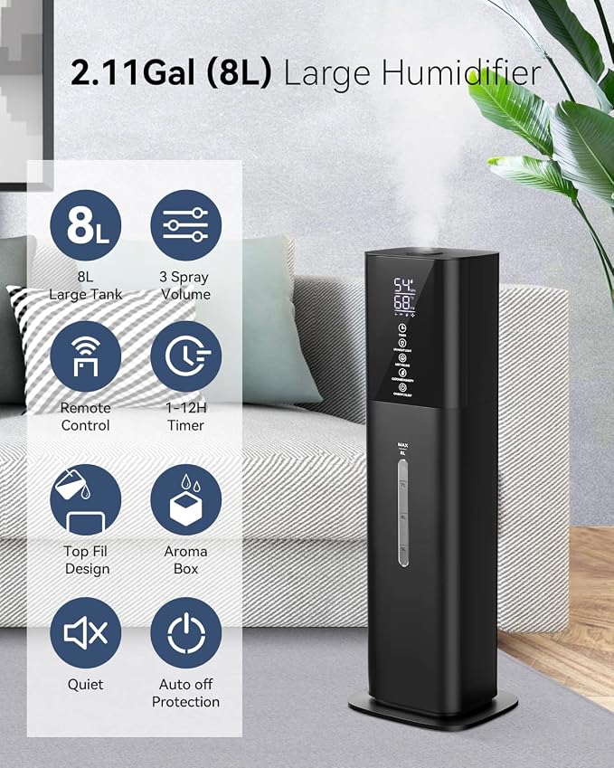 Humidifiers for Bedroom, 2.11Gal 8L Quiet Humidifiers for Large Room with Timer, 360°Nozzle, 3 Speed Ultrasonic Cool Mist Humidifier with Humidistat for Baby Home Adults Plants - Image 2