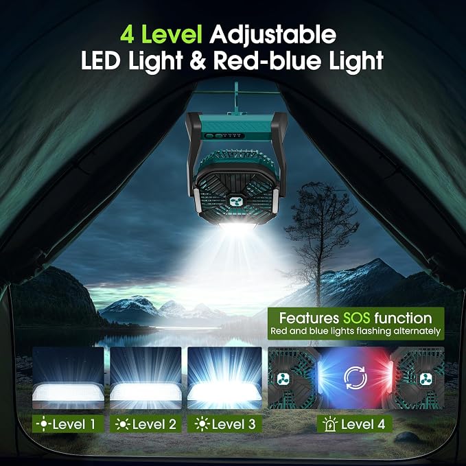Portable Rechargeable Fan, 20000mAh Cordless Battery Powered Camping Tent Fans with LED Lantern, Small USB C Operated Outdoor Ventilador for Travel Camp Fishing Picnic Bedroom Power Outage Emergency - Image 5