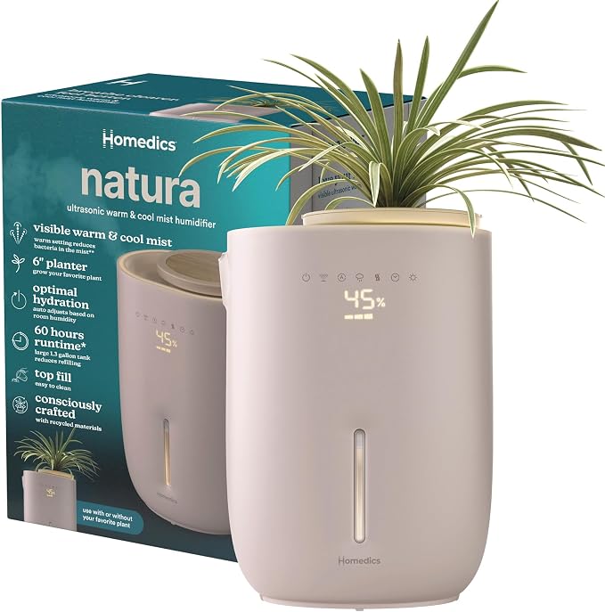Homedics Natura Ultrasonic Warm & Cool Mist Humidifier, 1.3-Gal for Large Rooms, 60-Hr Runtime, Plant Holder, Programmable Humidity, Auto Shutoff, Nightlight Small Pot Compatible(Plant Not Included) by Homedics