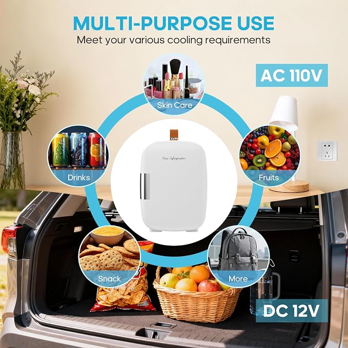 DUMOS Mini Fridge for Bedroom, 4L Compact Personal Fridge Cooler For Skincare, Drinks, And Snacks, Fits 6 Cans, Mini Refrigerator with 110V Ac/12V Dc, Ideal For Car, Dorm, White - Image 5