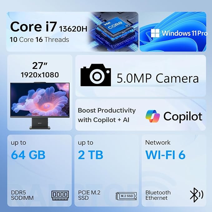 Lenovo IdeaCentre AIO 27" FHD All-in-One Desktop Computer, Intel Core i7-13620H 10-Core up to 4.9GHz, 16GB DDR5 RAM, 1TB SSD, WiFi 6, Bluetooth 5.2, HDMI, Webcam, Windows 11 Pro, Luna Grey - Image 2