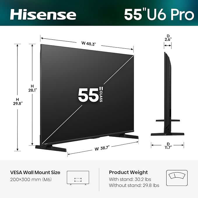 Hisense 55" U6 Pro Series Mini‑LED ULED 4K UHD HDR Gaming AI Smart Fire TV (55U6SF Pro, 2026 New) – Hi-QLED, Native 144Hz, Motion Rate 480, Dolby Vision IQ,· Atmos, HDR10+, Glare-Free, Alexa+ - Image 3