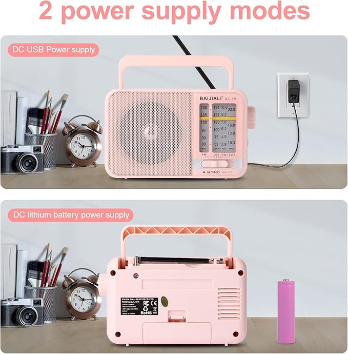 Portable AM/FM Transistor Radio with Loud Speaker, Battery or USB Powered - Compact Emergency Radio for Indoor, Outdoor, Travel & Storms (BJL-671, Pink) - Image 4