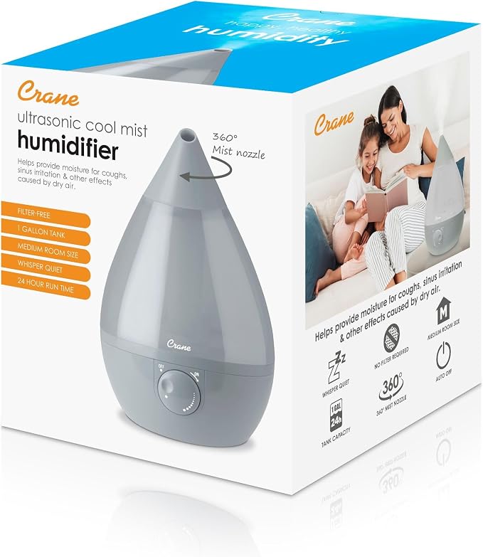 Crane Ultrasonic Teardrop Cool Mist Humidifier, Large 1 Gal Tank, Automatic Shut-Off, Baby Humidifiers for Nursery and Bedroom, Grey - Image 8