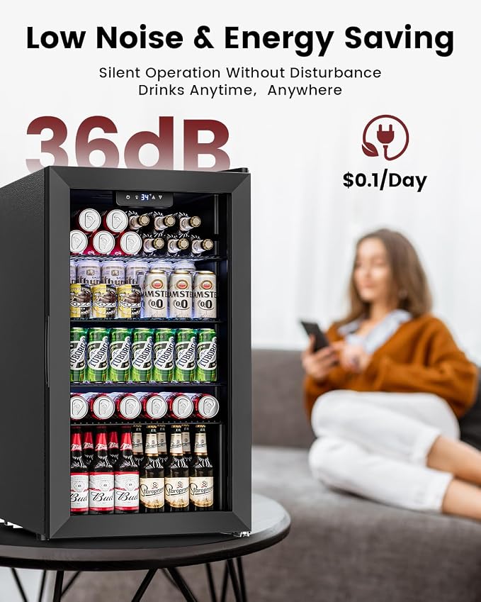 Feelfunn 26 Bottle 126 Can Wine Cooler, 3.2CuFt Mini Fridge with Glass Door | 34-64°F, <36dB, 4 adjustable shelves, for beer, soda, water in bedroom, office, home bar, dorm - Image 6