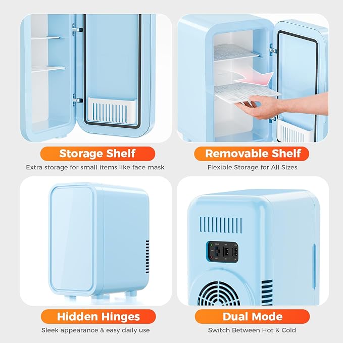 OSTBA Mini Fridge for Skincare, 6 Liter/8 Can 110V AC/ 12V DC Portable Thermoelectric Cooler Refrigerators for Bedroom, Skincare, Beverage, Office, Dorm Room and Car, Blue - Image 5
