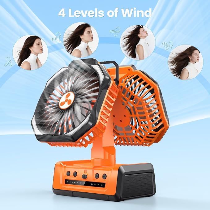 Dual Head Portable Rechargeable Fan 20000mAh Battery Powered Camping Fan Cordless with LED Lantern & Remote, Auto Oscillation, Hook, Battery Operated for Tent Office Travel Picnic Jobsite Orange - Image 3
