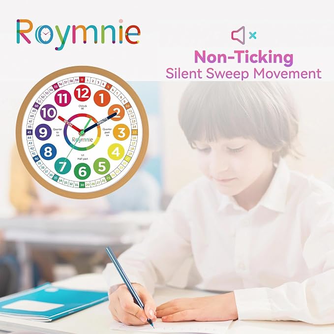 Roymnie12 Inch Wall Clock for Kids Learning to Tell Time Easily Analog Non - Image 8